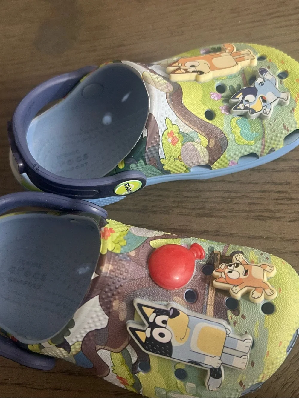 CROCS Kids Yellow Green Cartoon Character Clogs with Blue Strap
